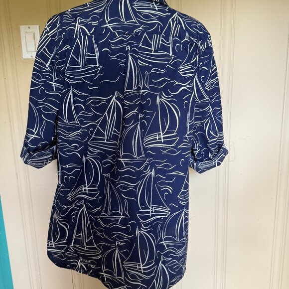 Talbots Navy Blue White Sailboat Nautical Cotton Tunic Top Long Sleeve XL - Picture 4 of 6